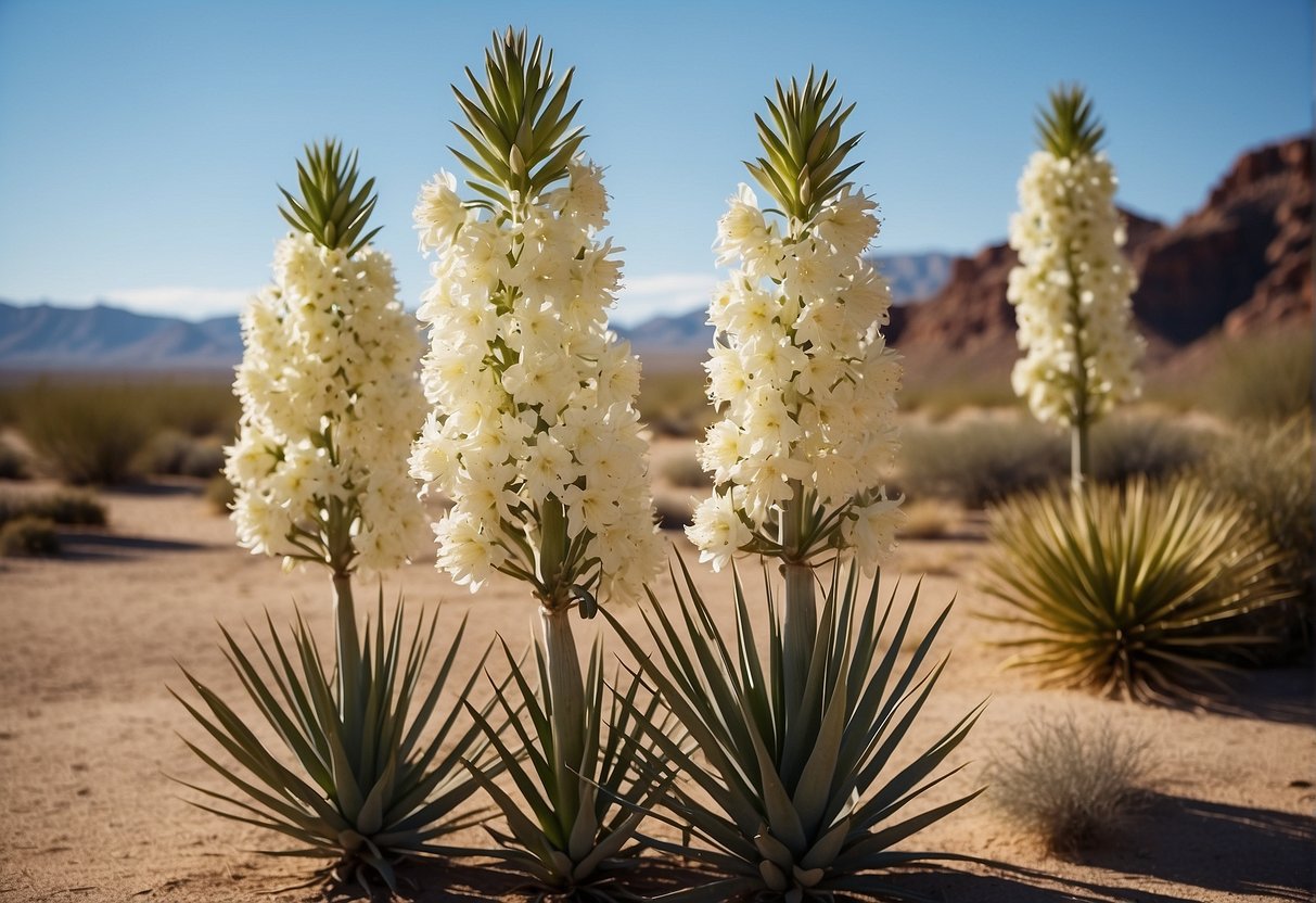 A vibrant yucca plant blooms annually in the desert, its tall, sturdy stem adorned with clusters of creamy white flowers