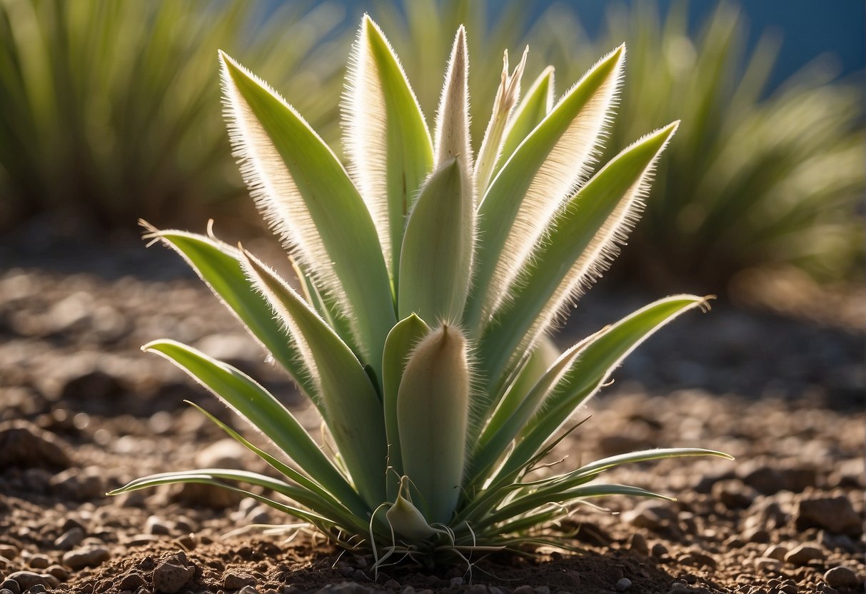 A yucca plant thrives in bright, indirect sunlight with well-draining soil. It flowers sporadically, typically every 1-10 years