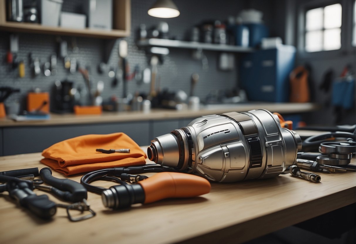 A space suit is laid out on a clean, well-lit workbench. Tools and materials for maintenance and repair are neatly organized nearby. The suit's intricate design and advanced technology are evident