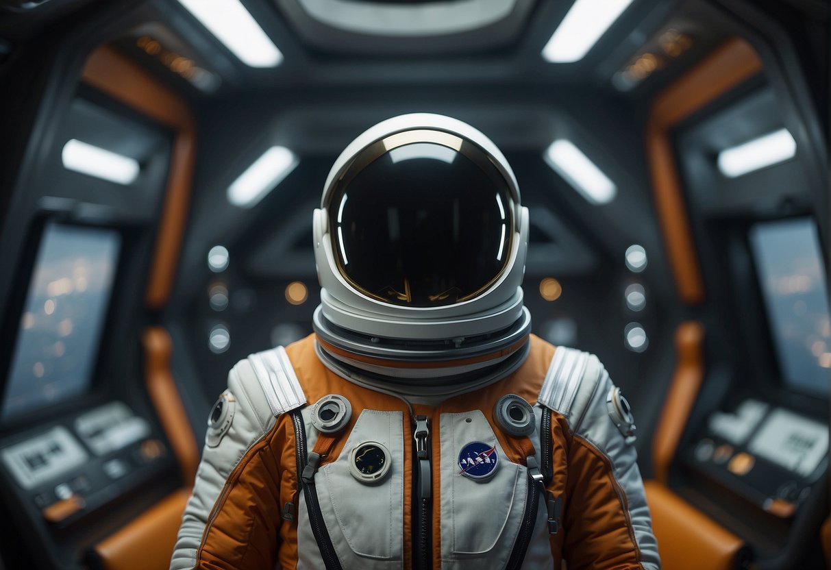 A modern space suit hangs in a sleek, futuristic spacecraft. The suit is equipped with advanced technology and materials, ready for commercial spaceflight to Mars