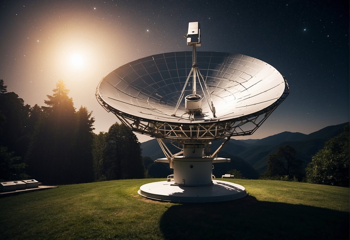 A large satellite dish points towards the starry sky, surrounded by complex electronic equipment and computer screens. A beam of light shoots out from the dish, symbolizing the challenge of deep space communication