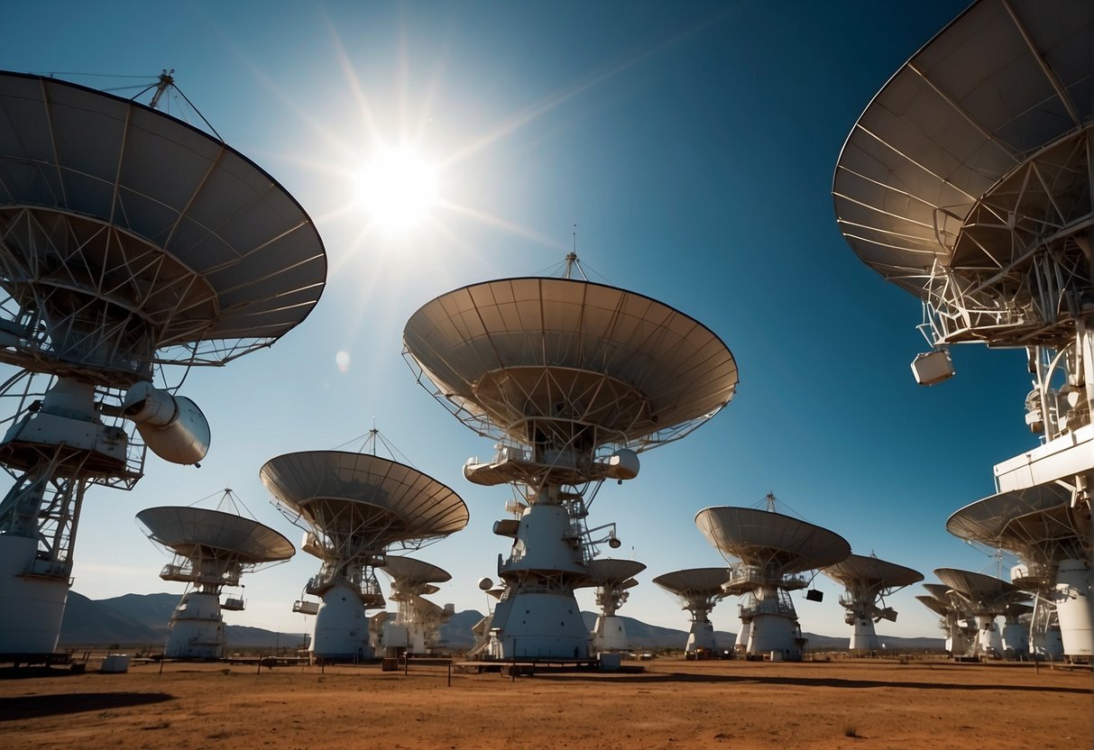 A complex network of satellite dishes and communication infrastructure extends into the vastness of space, transmitting and receiving signals from distant celestial bodies
