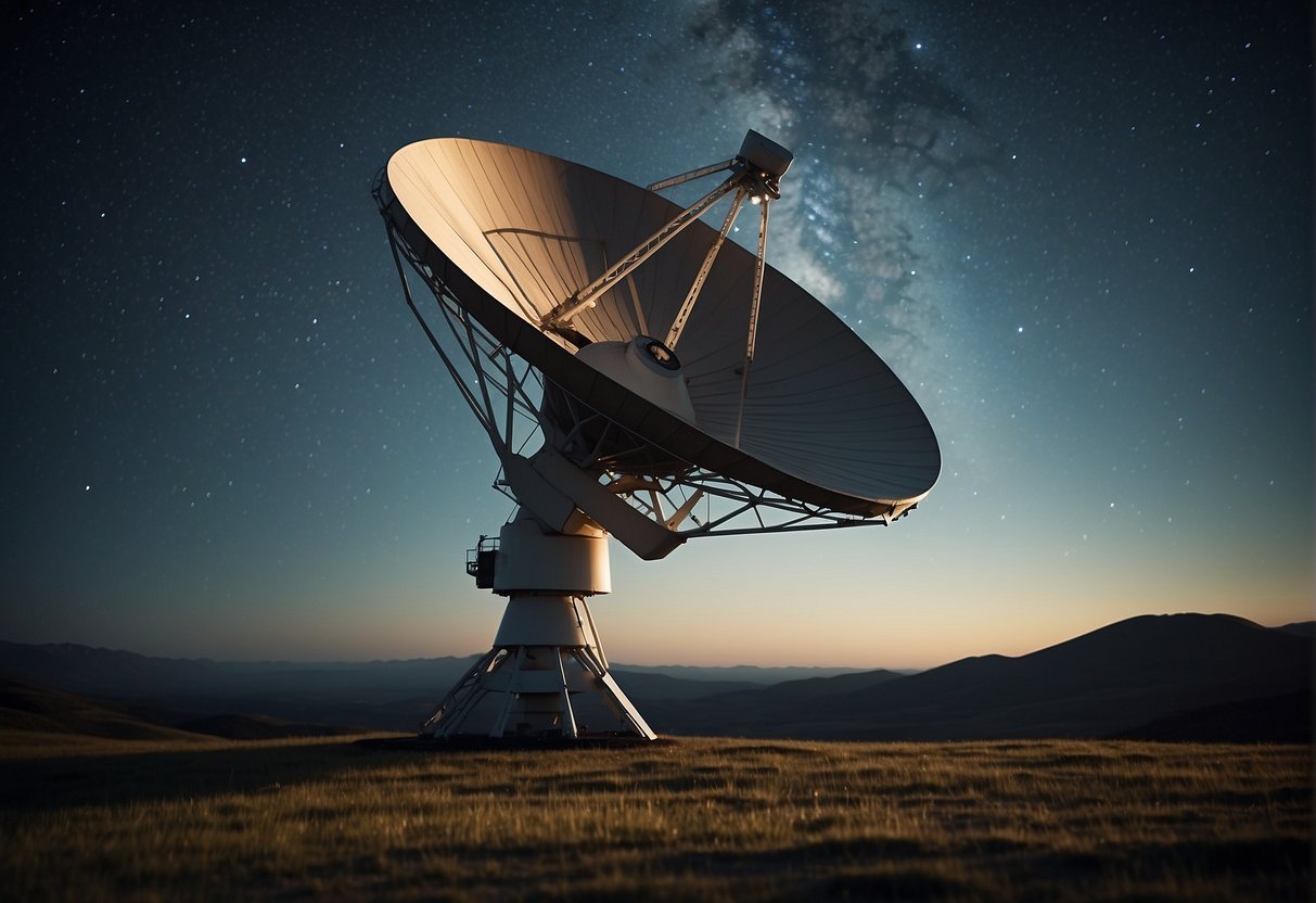 A satellite dish points towards the stars, transmitting signals into the vastness of space. Data streams from the dish, bridging the gap between Earth and the unknown