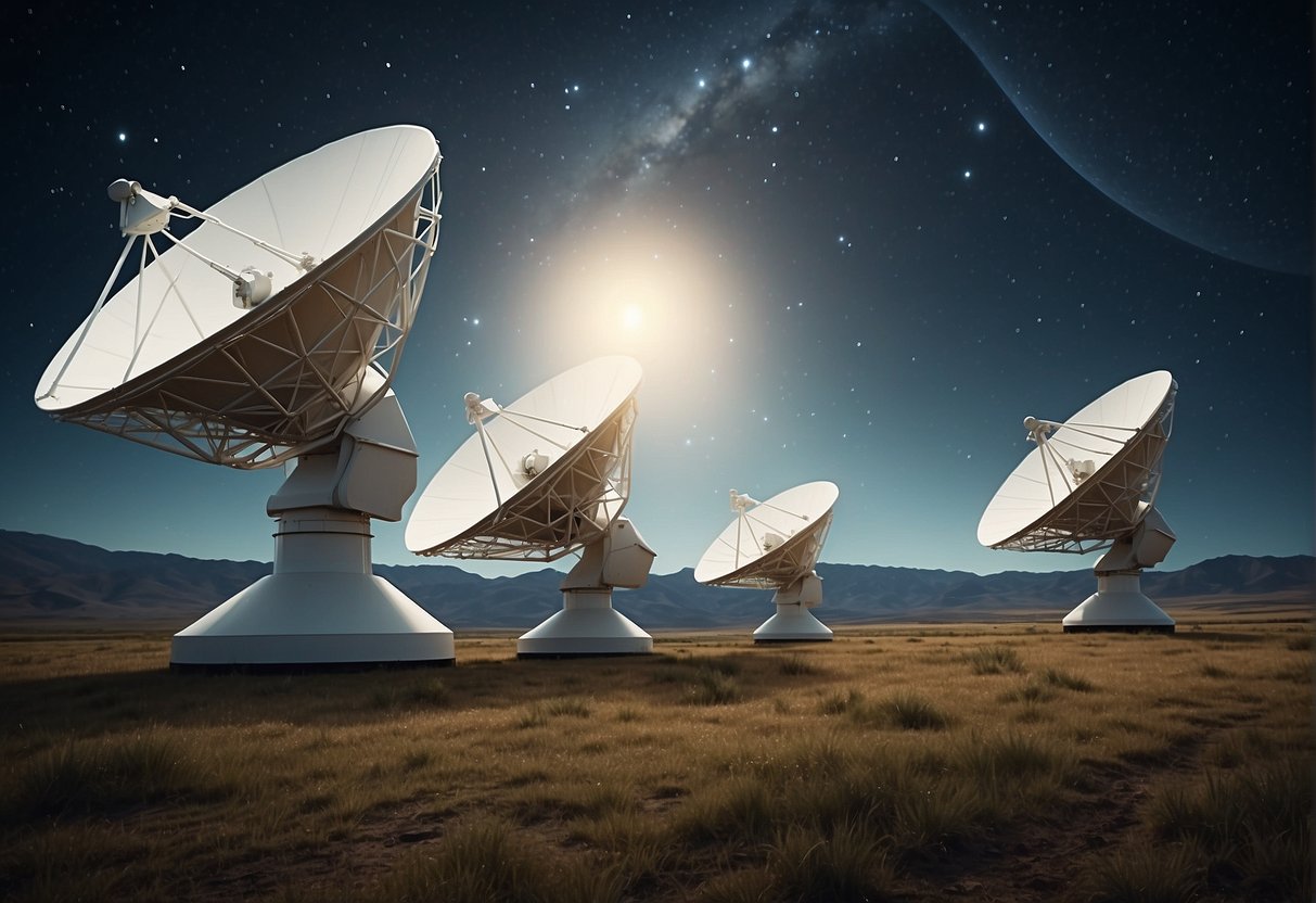 Satellite dishes point towards distant stars, transmitting data across the vastness of space