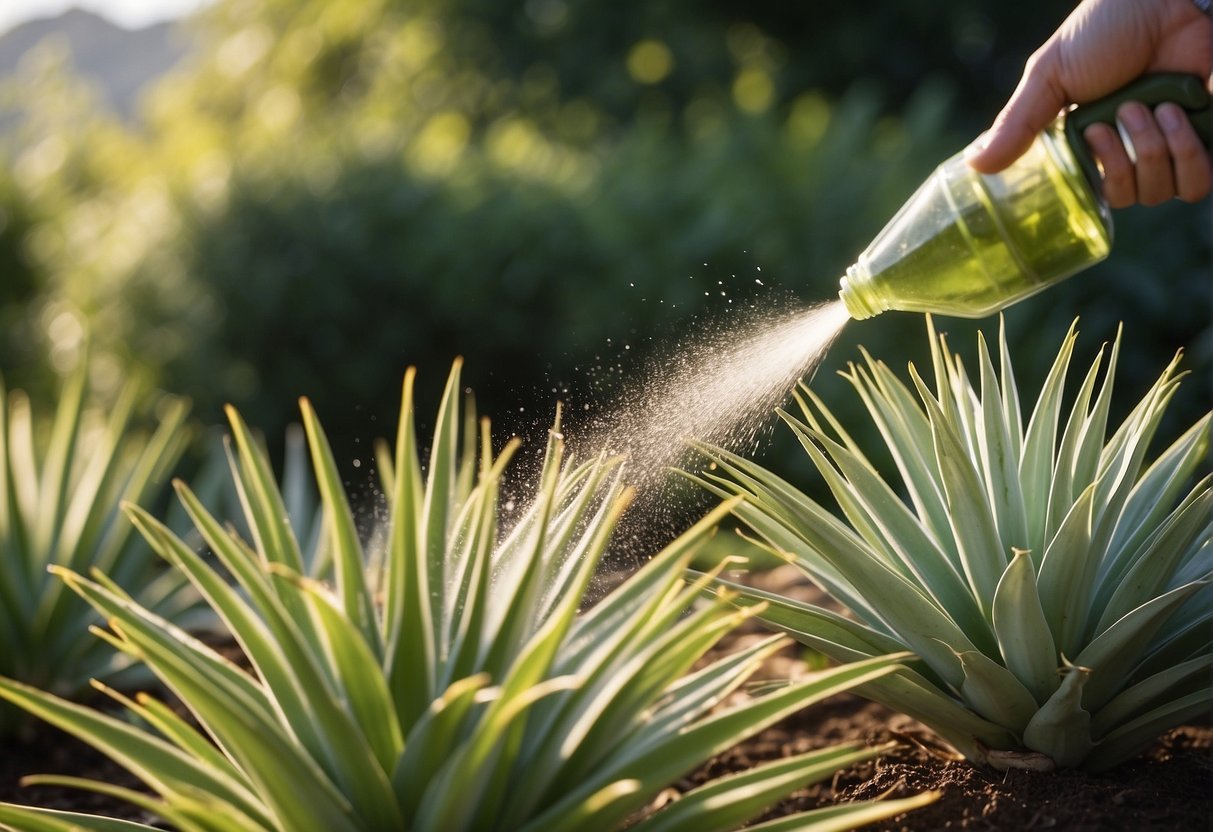 Yucca extract being sprayed onto plants in a garden or farm setting, with visible improvements in plant growth and health