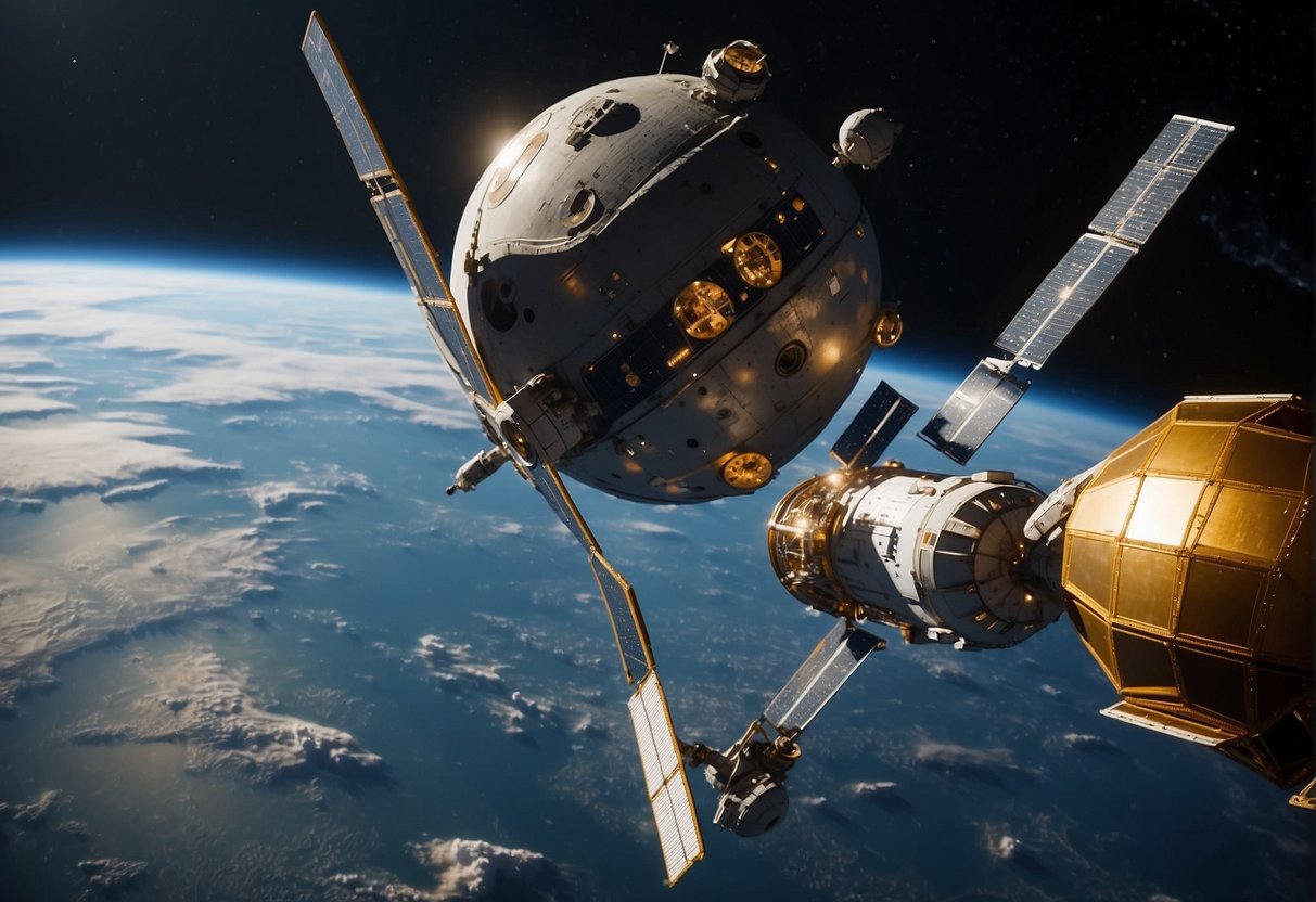 Multiple spacecraft from different countries orbiting Earth, while communication signals are sent and received between them, depicting international collaboration in deep space exploration