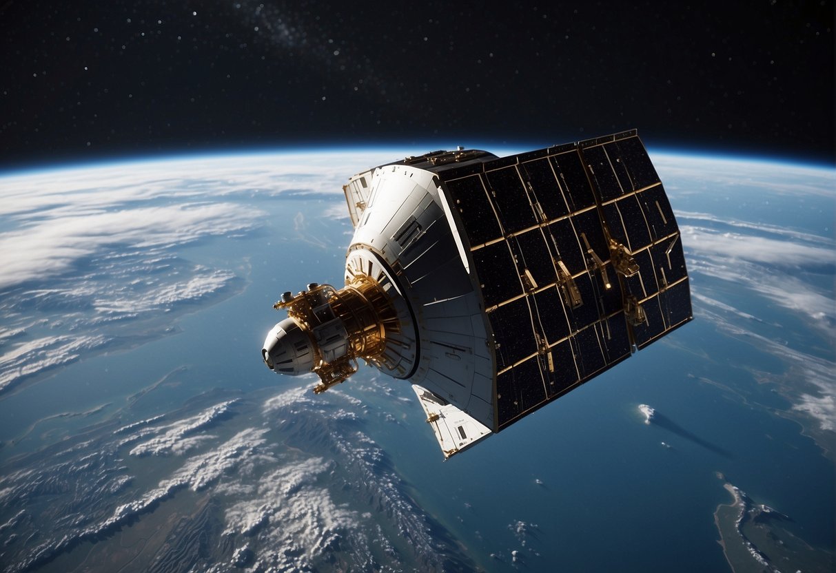 A sleek, futuristic spacecraft releases a network of advanced satellites into the vast expanse of space. The cutting-edge technology and British engineering expertise are on full display in this pivotal moment of satellite deployment