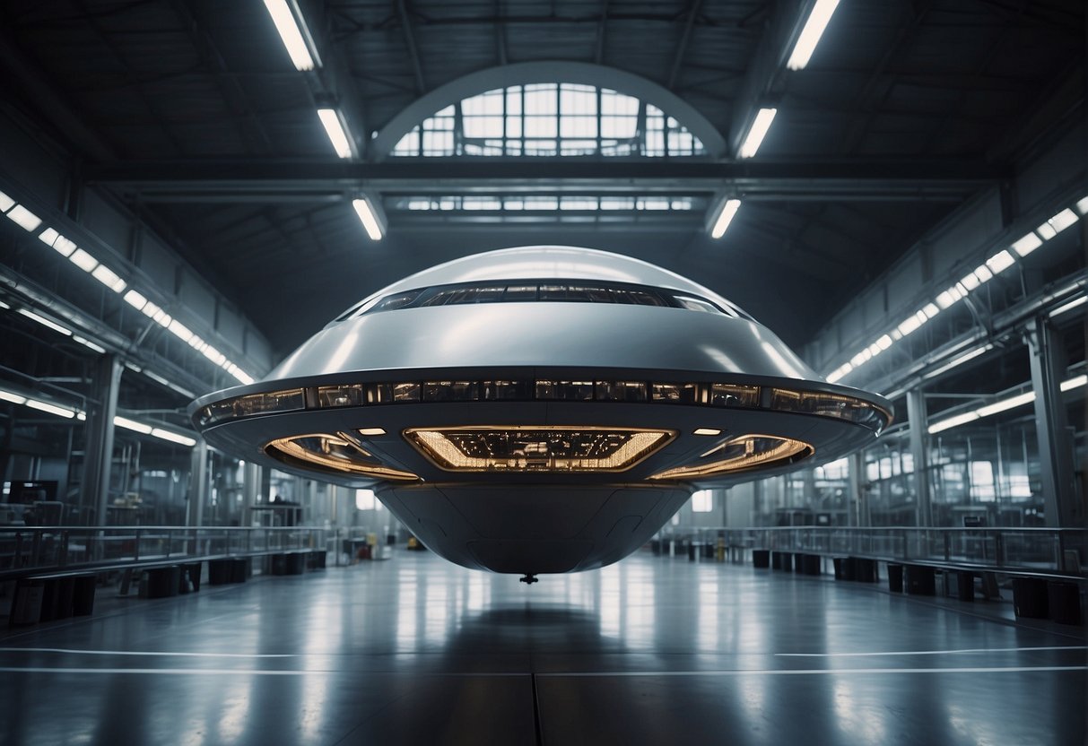 A sleek spacecraft hovers above a futuristic manufacturing facility, showcasing British engineering excellence on the global stage. Advanced technology and precision design are evident in every detail