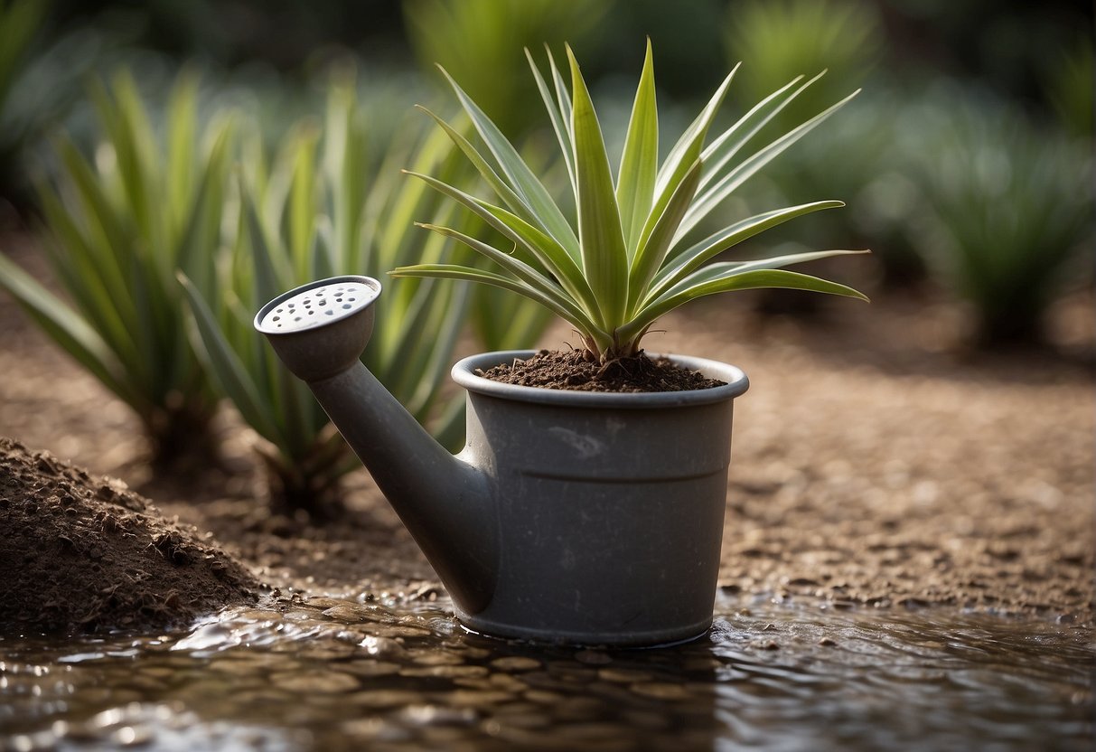 A yucca plant sits in a well-draining pot. A watering can pours a slow, steady stream of water onto the soil, ensuring it is evenly moist but not waterlogged