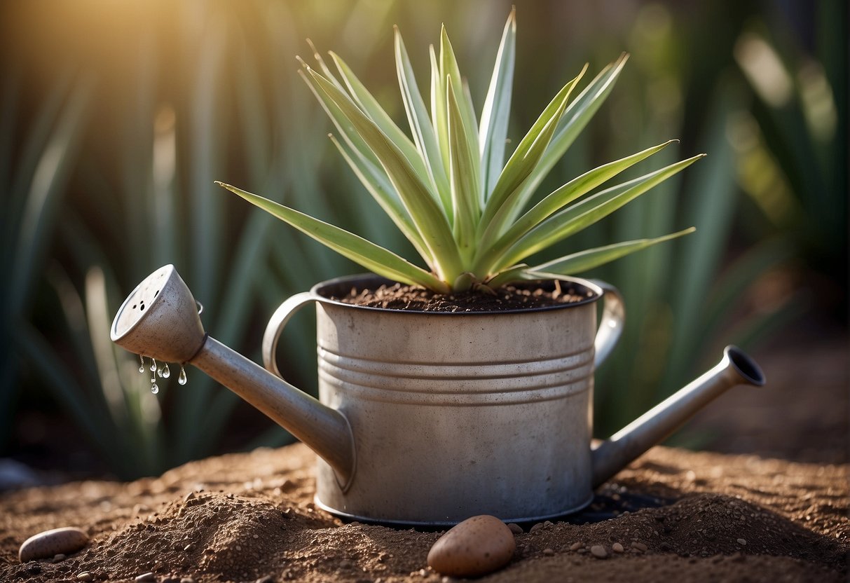 A yucca plant sits in a well-drained pot, with dry soil and a small amount of water dripping from a watering can