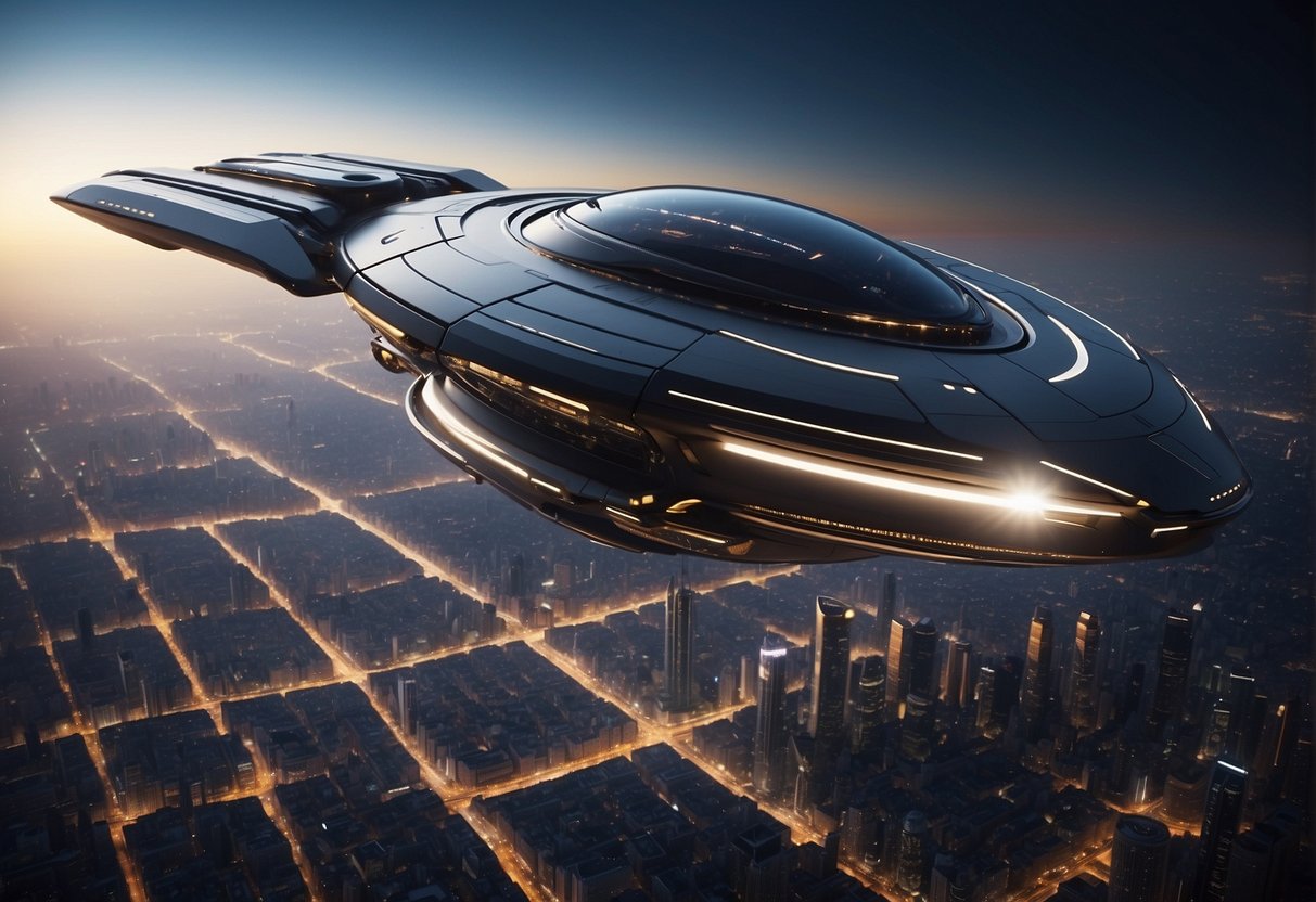 A sleek spacecraft hovers above a futuristic city skyline, showcasing British engineering prowess on the global stage. The spacecraft's advanced design and cutting-edge technology are evident, hinting at the future of space exploration