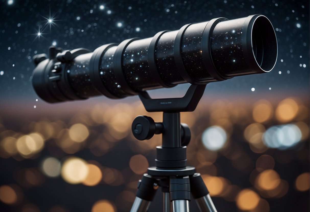 A telescope points towards the night sky, capturing the mysterious forces of dark matter and dark energy swirling amidst the stars