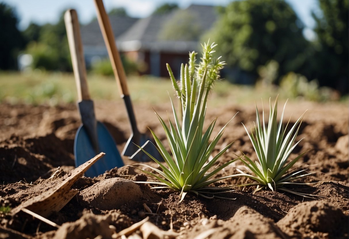 Yucca plants being uprooted and removed from the ground using shovels and gardening tools