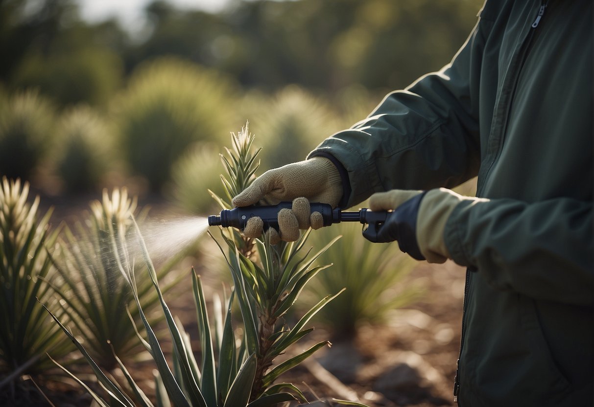 A person spraying herbicide on yucca plants, with wilted and dying plants in the background