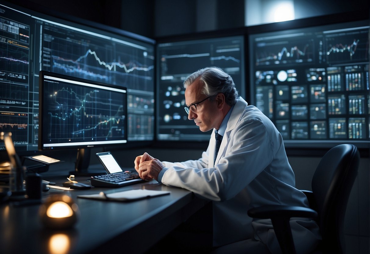 The scene depicts a scientist studying data with various analytical tools, surrounded by charts and graphs. A mysterious, dark energy looms in the background, representing the UK's contribution to unraveling cosmic mysteries