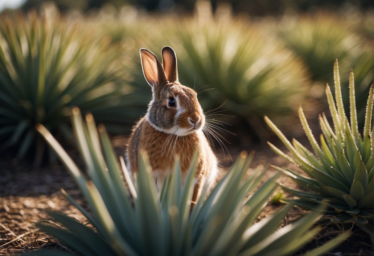 A rabbit nibbles on a yucca plant, its long, pointed leaves reaching towards the sky