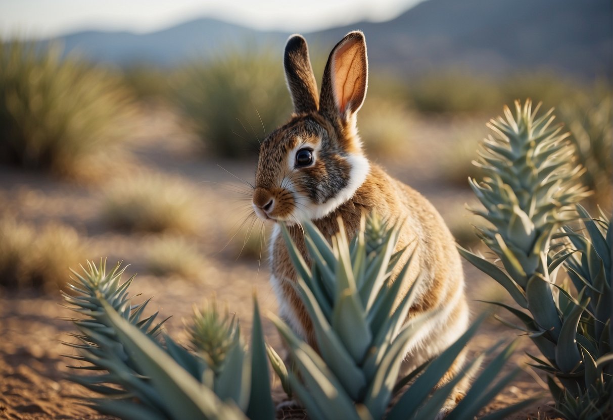 A rabbit nibbles on a yucca plant, surrounded by desert flora