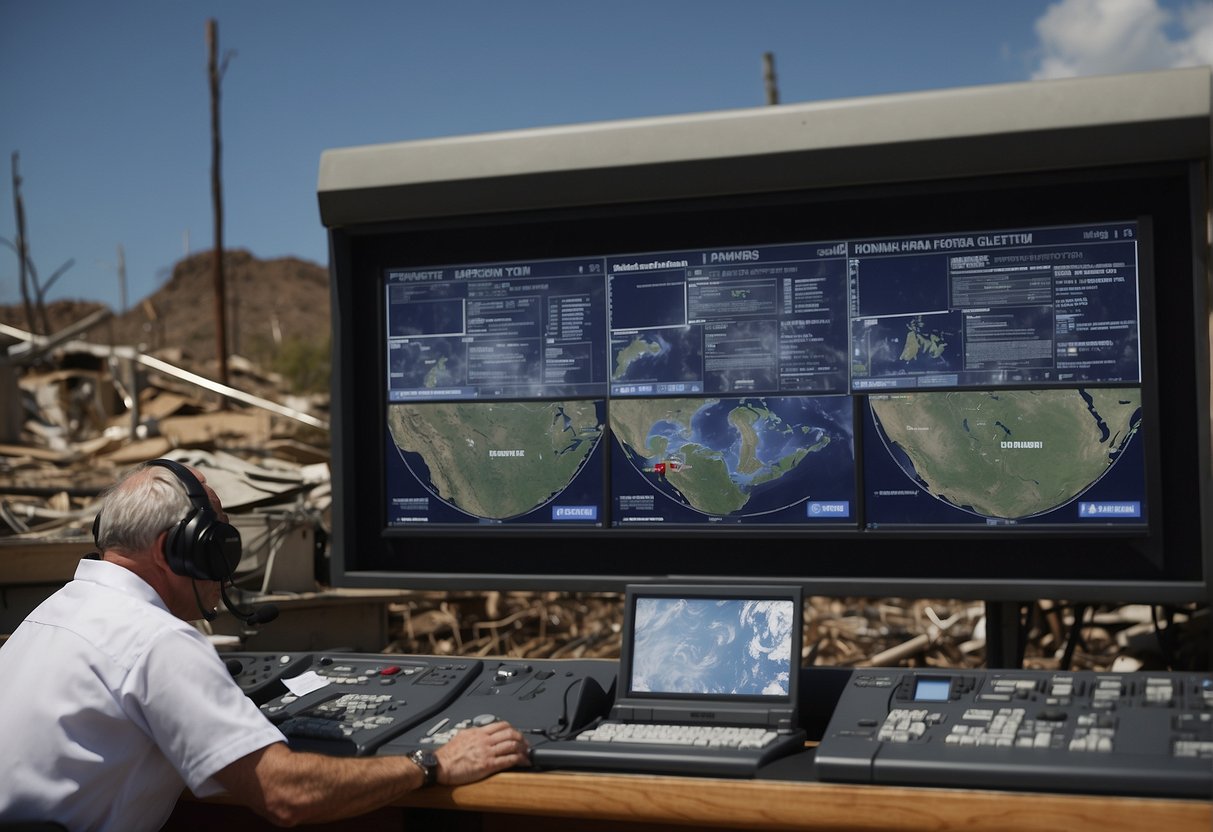 Satellite Technology in Disaster Management: A satellite hovers above a disaster-stricken area, transmitting data to a control center. Emergency response teams coordinate relief efforts based on real-time information