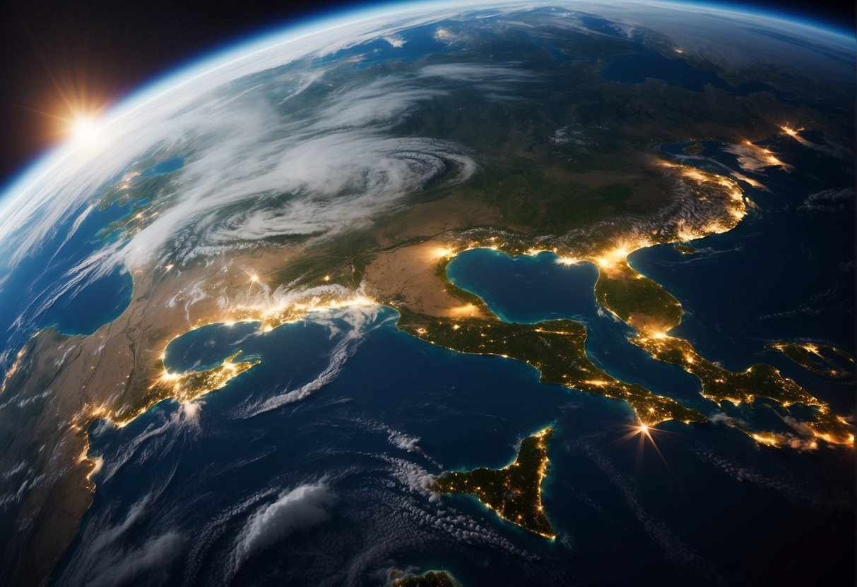 Satellite orbits Earth, monitoring weather patterns and natural disasters. Data is collected and analyzed for disaster management and climate change research