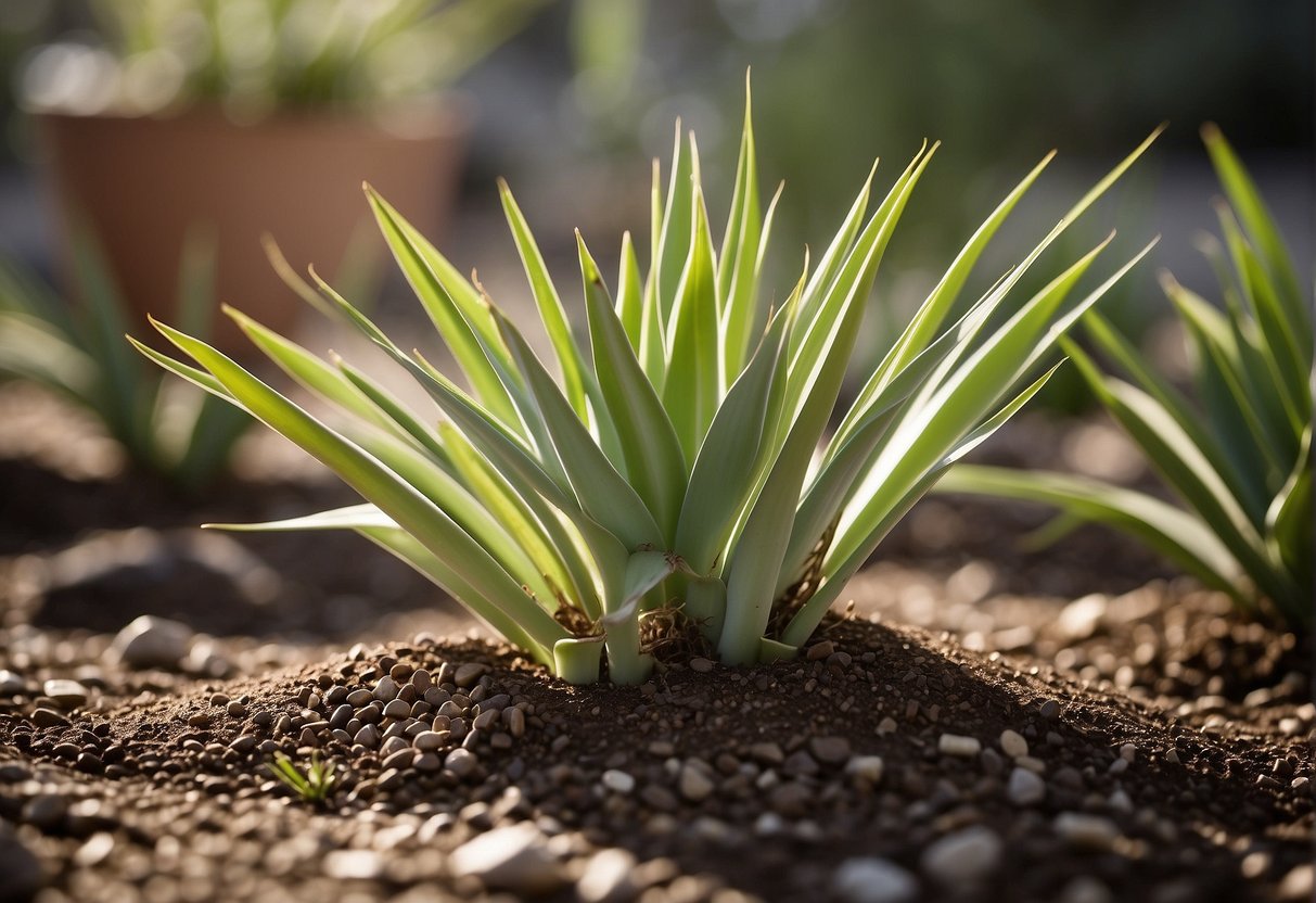 A yucca plant is being repotted into well-draining soil, with a layer of gravel at the bottom for proper drainage. The plant is being watered and placed in a sunny location for optimal growth