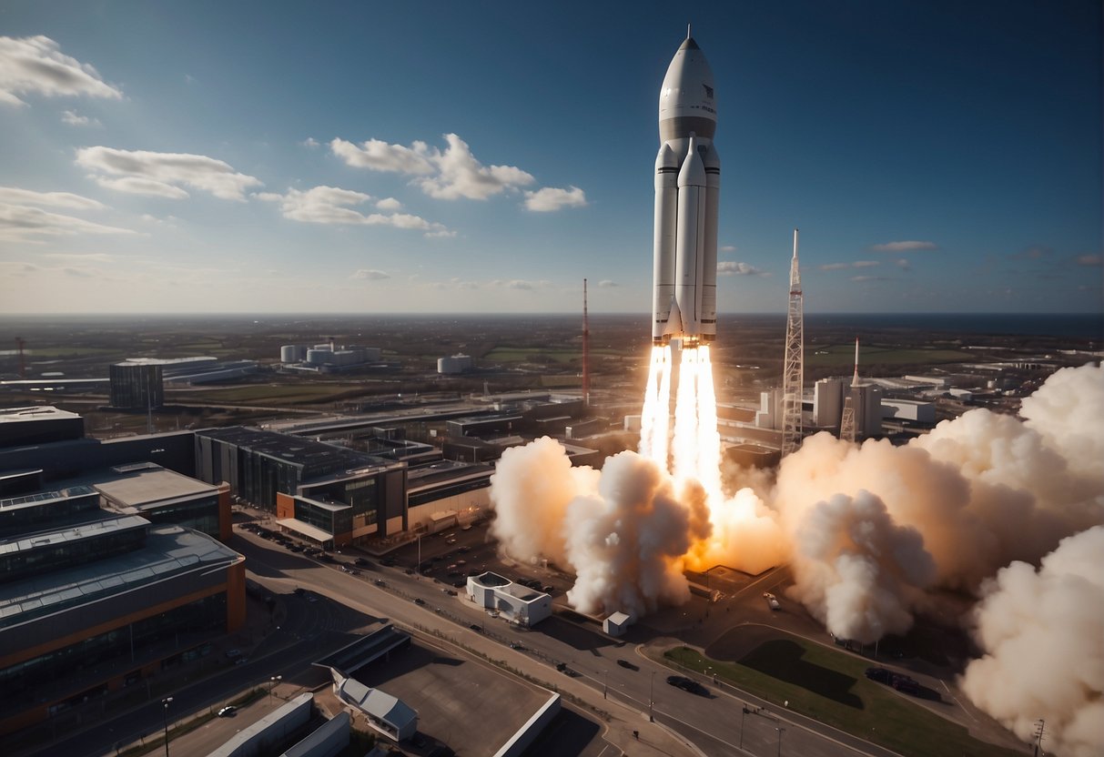 A rocket launches from a UK spaceport, surrounded by a bustling scene of businesses and technology, symbolizing the opportunities of the commercial space race