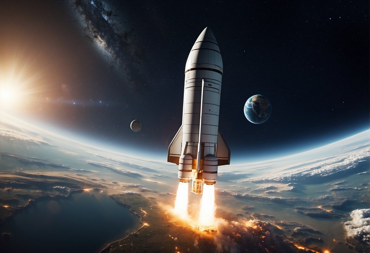 A rocket launches into space with Earth in the background, surrounded by futuristic space stations and satellites. The scene depicts the emergence of the commercial space race, showcasing opportunities for UK businesses