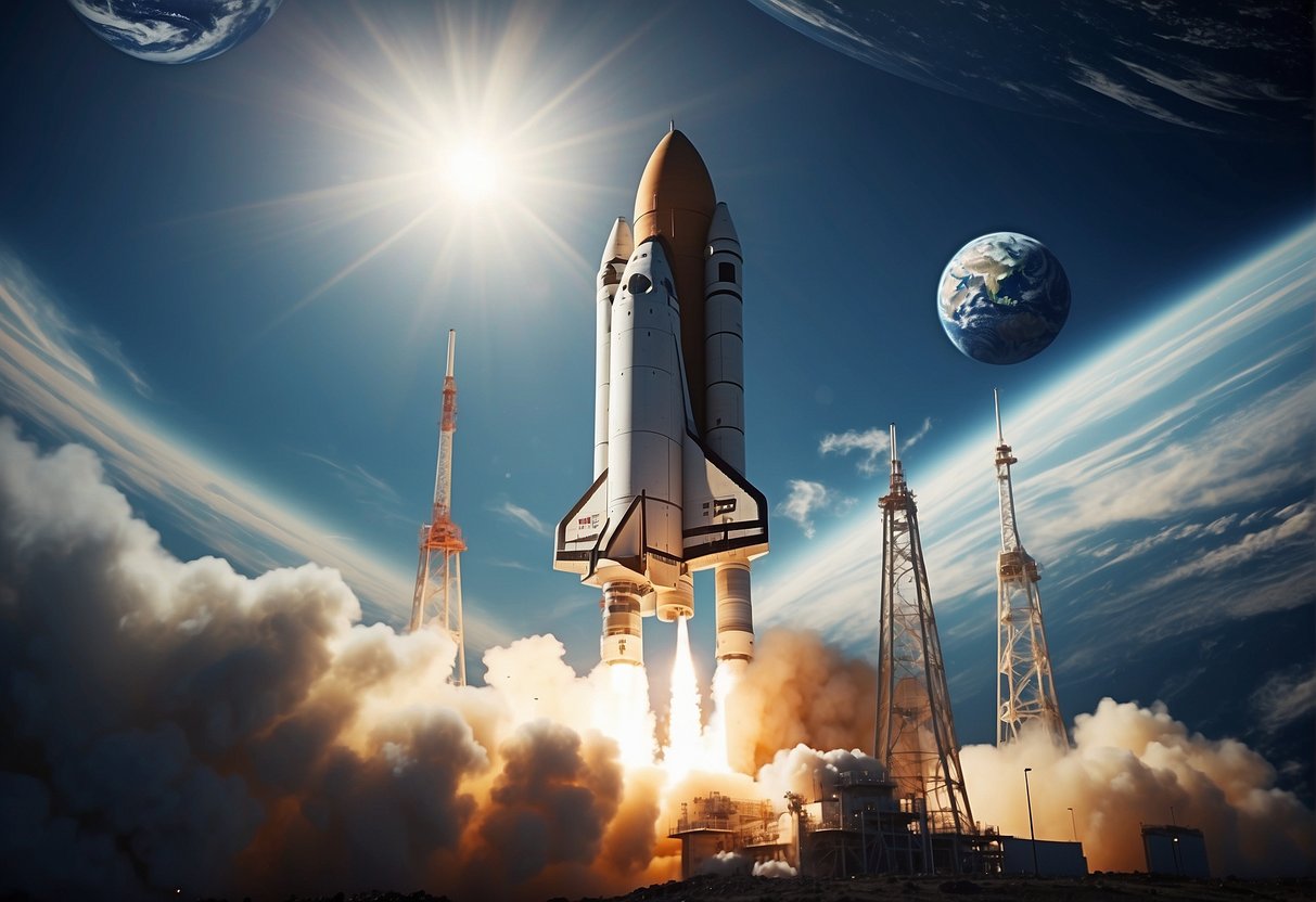 A rocket launches into space, surrounded by futuristic space stations and satellites, symbolizing the commercial space race and opportunities for UK businesses