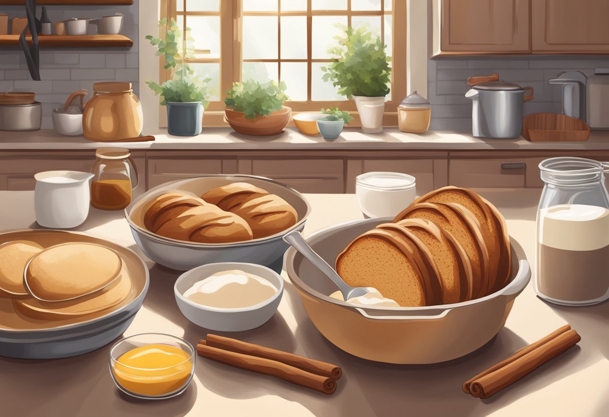 The cinnamon bread recipe is being prepared, with ingredients laid out and a mixing bowl in the center. A warm, cozy kitchen setting with natural light streaming in through the window