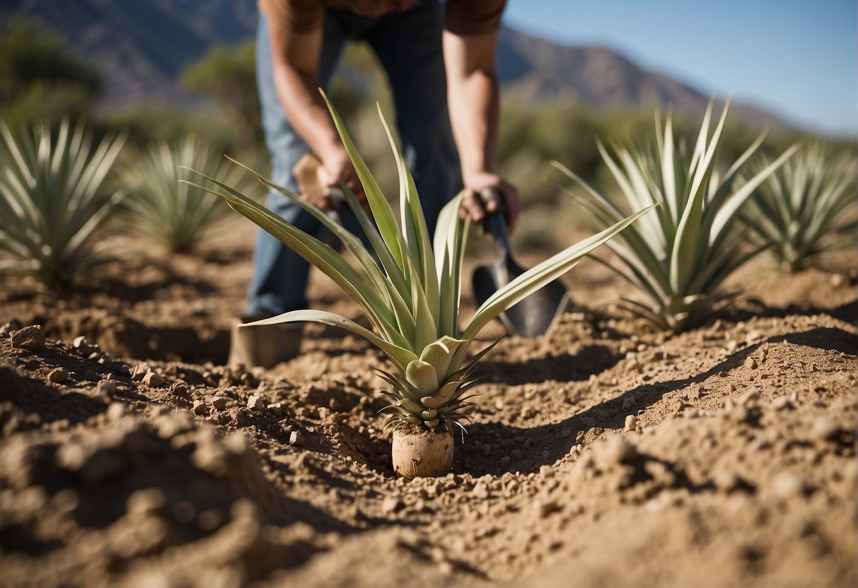 Yucca plants being dug up from the ground with a shovel