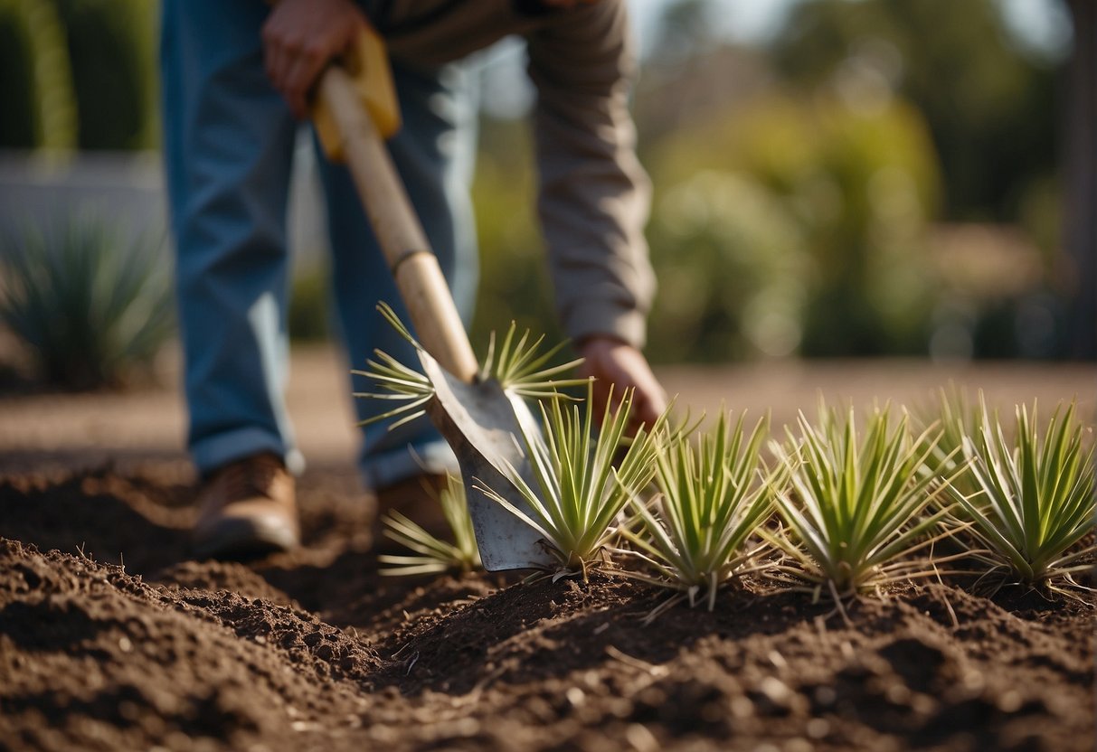 A gardener digs up yucca plants with a shovel, carefully removing the roots. The plants are then replanted in a new location and watered for post-care