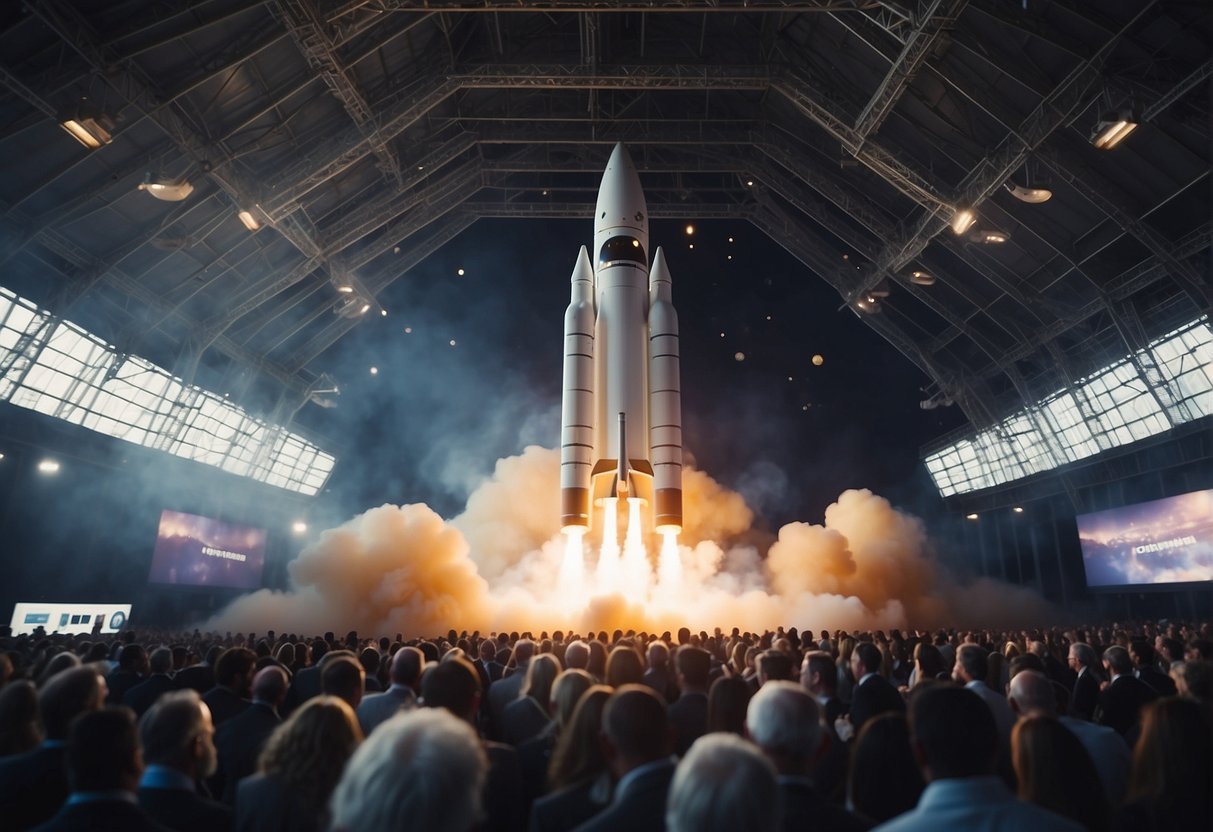 A rocket launching from a spaceport, surrounded by a bustling crowd of UK business representatives and futuristic technology