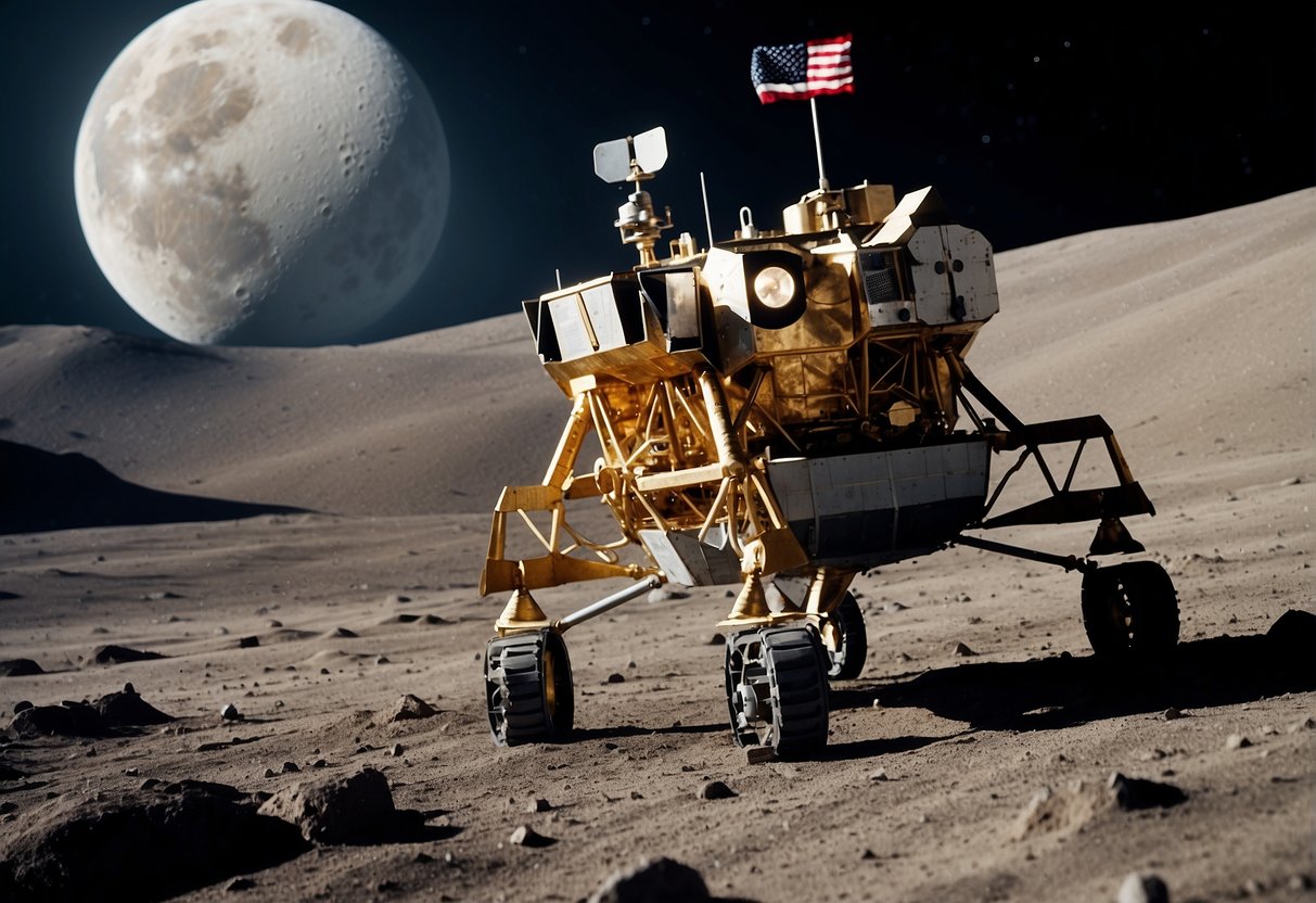 A spacecraft hovers above a lunar landing site, with flags and equipment scattered across the rugged terrain. The iconic silhouette of the Apollo lunar module stands in the background, a symbol of humanity's first steps beyond Earth
