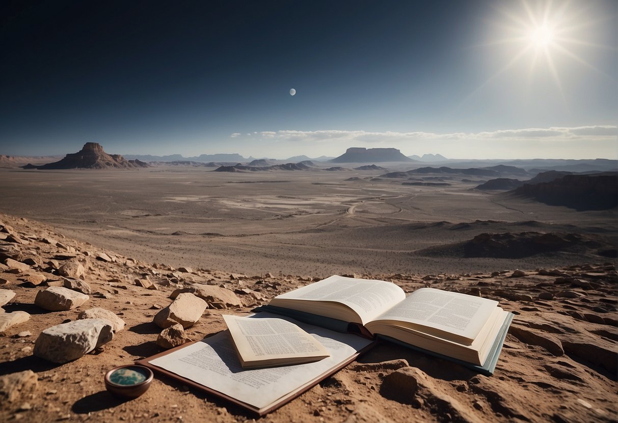 A vast, desolate lunar landscape with a prominent historic site marked by a preserved artifact, surrounded by a framework of legal documents and international treaties