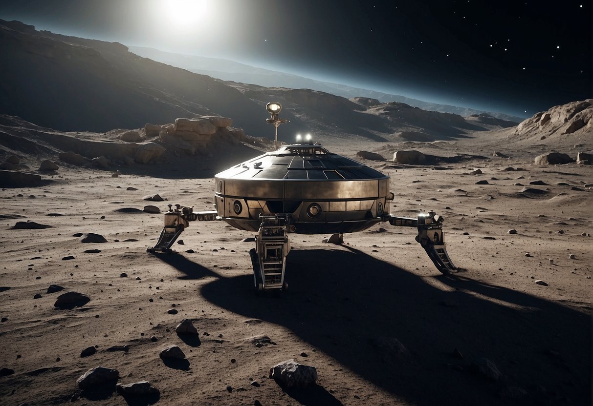 A spacecraft hovers above a desolate lunar landscape, with ancient ruins and artifacts scattered across the surface, highlighting the challenges of preserving extraterrestrial heritage