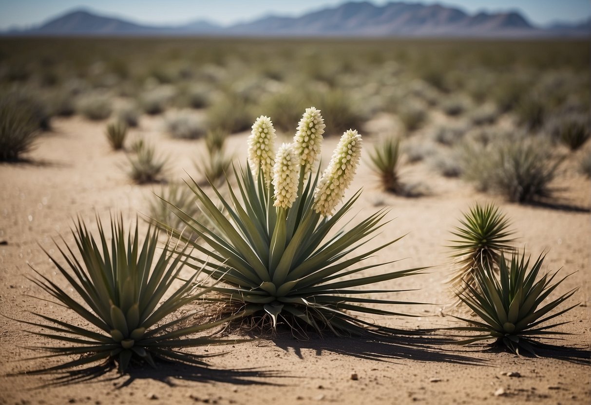 Yucca plants grow in arid deserts and grasslands of North and Central America. The scene shows a desert landscape with yucca plants thriving in the sandy soil