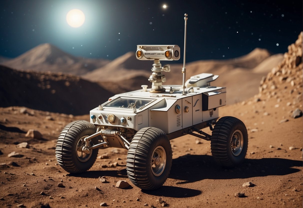 A lunar rover explores a crater, uncovering ancient artifacts and structures. A space station orbits in the background, symbolizing the preservation of historic space sites