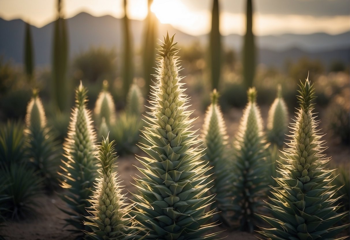 Yucca plants native to arid regions with long, sword-like leaves and tall, spiky flower stalks