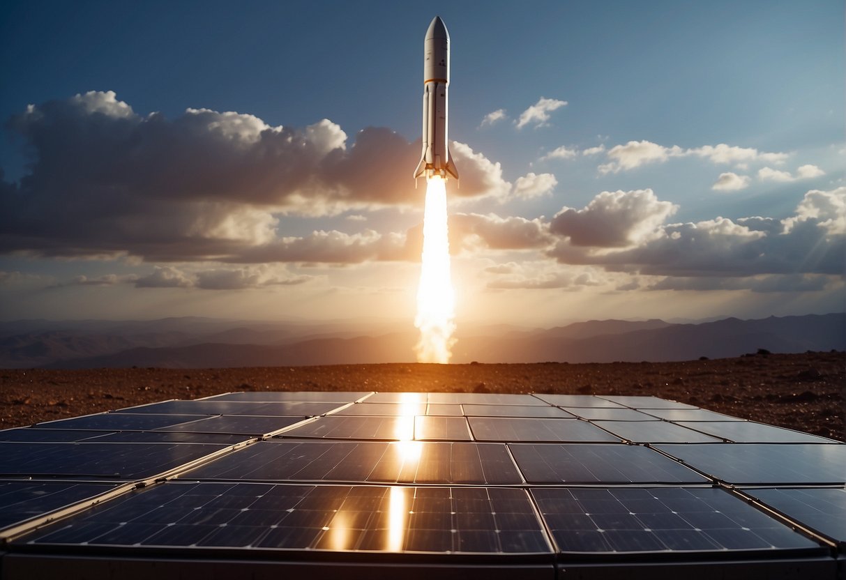 Solar panels cover the surface of a spacecraft, while a futuristic energy generator powers a rocket launching into space