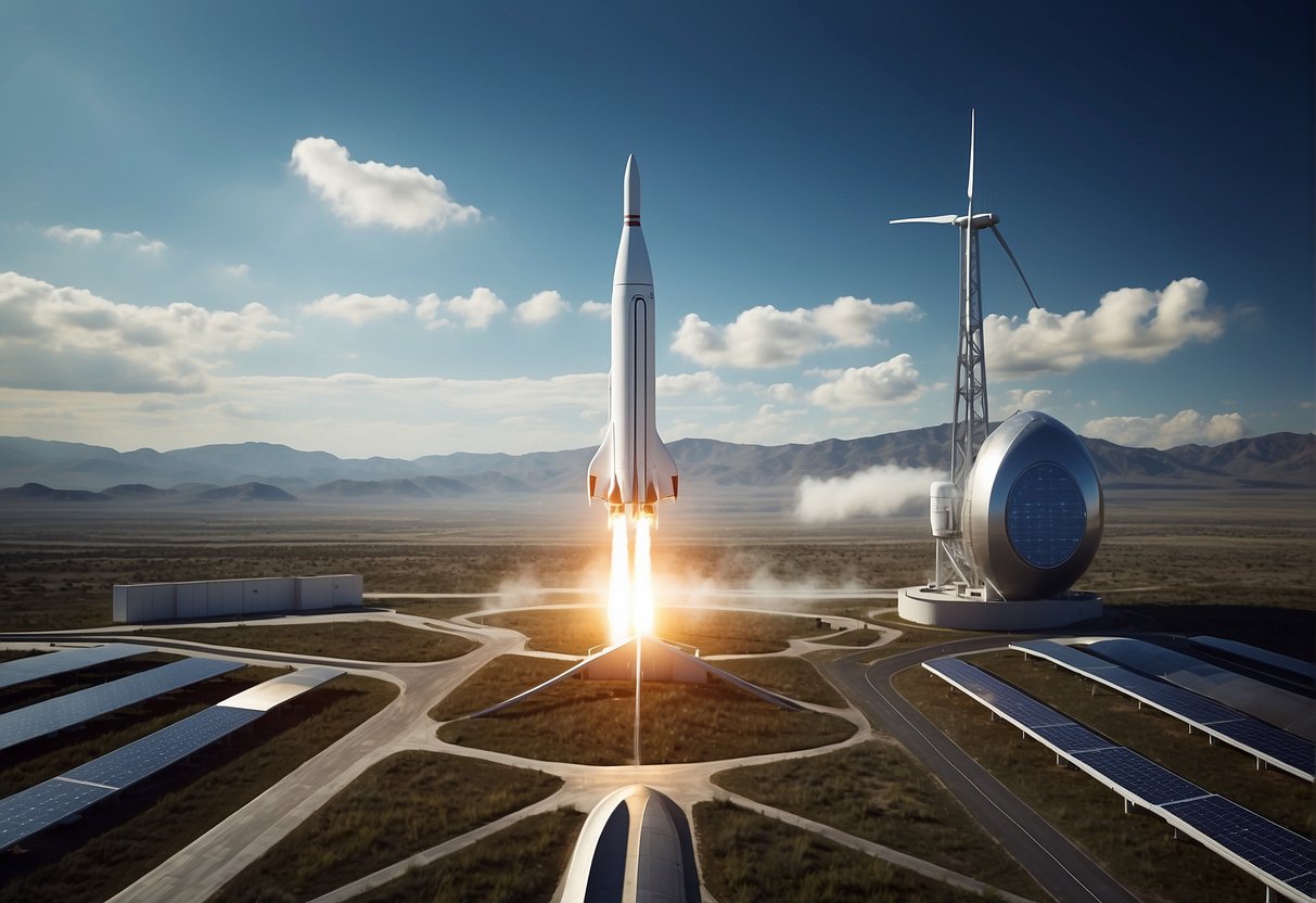 A rocket launches from a futuristic spaceport, surrounded by solar panels and wind turbines, symbolizing the intersection of space exploration and renewable energy technologies