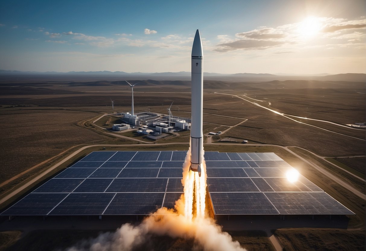 A rocket launches from a solar panel-covered launch pad, surrounded by wind turbines and futuristic energy storage devices