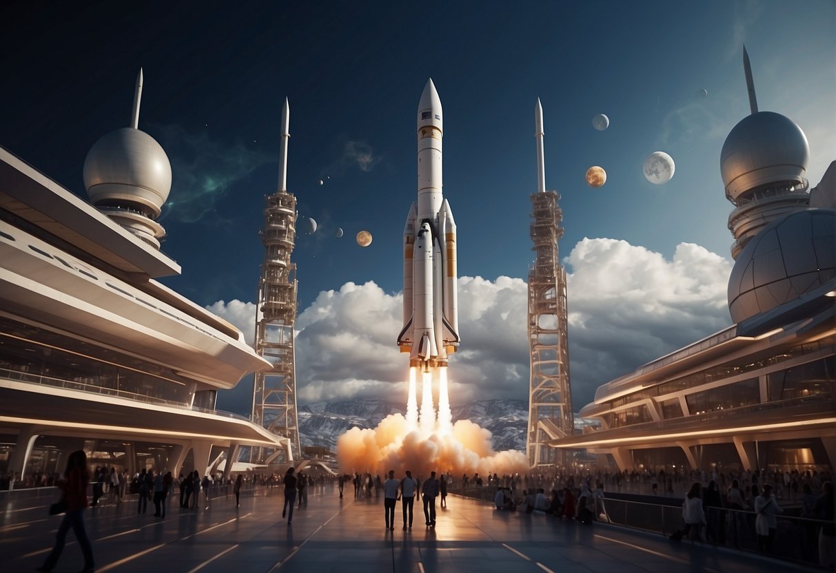 The New Space Age: A rocket launches from a futuristic spaceport, surrounded by sleek spacecraft and bustling activity, showcasing the advancements of private space exploration