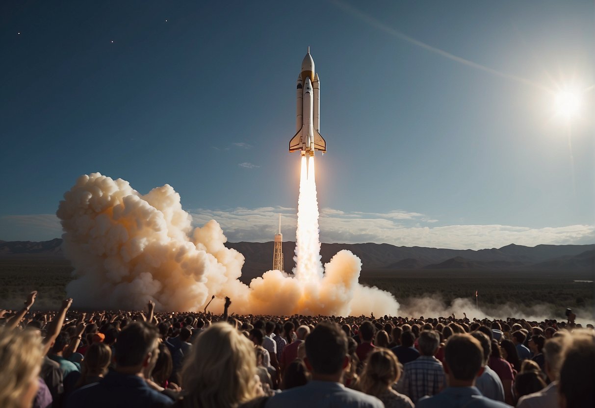A rocket launches into space, surrounded by a crowd of onlookers. The Earth looms in the background, highlighting the educational and societal impact of space missions