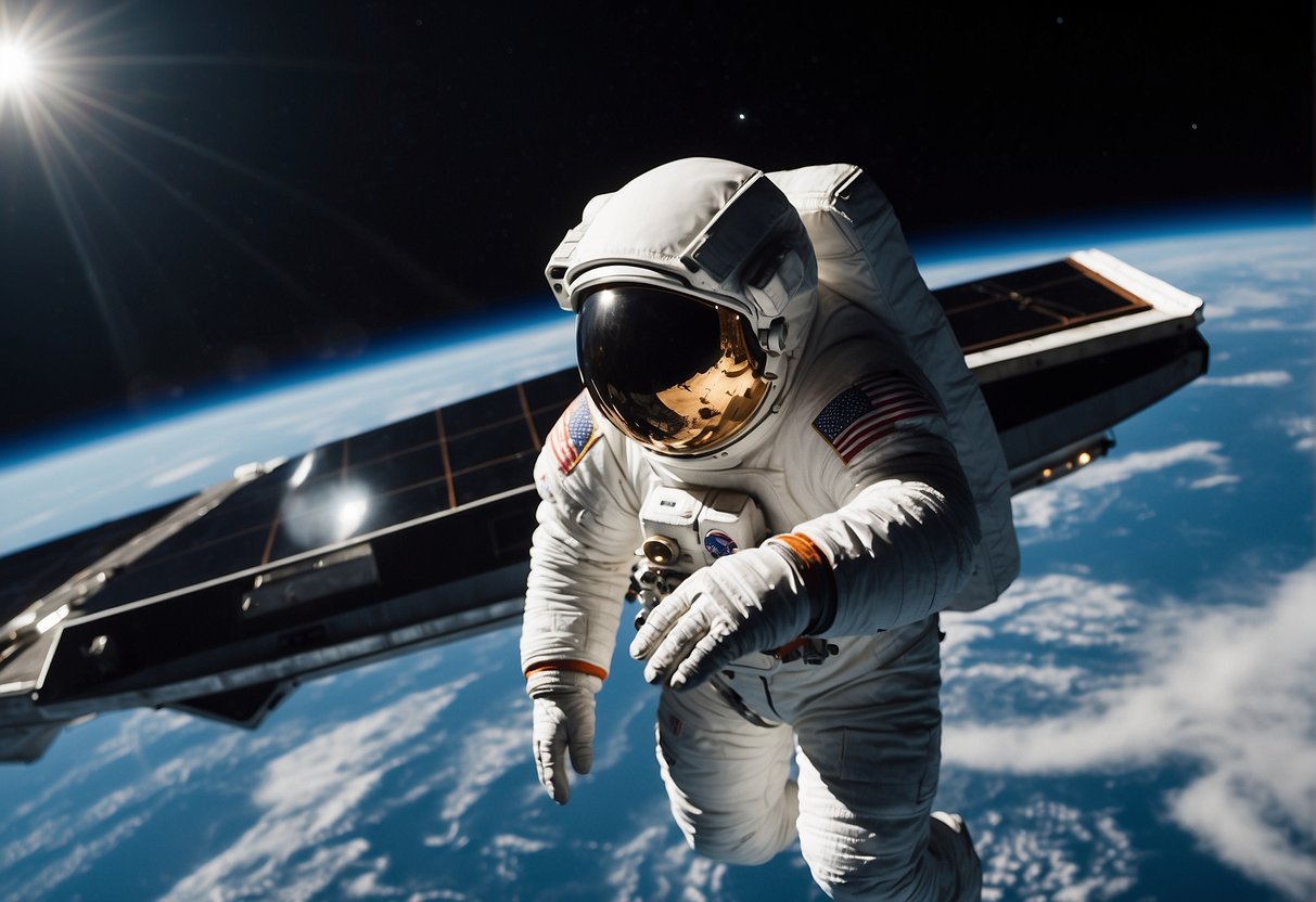 Space Tourism: An astronaut floats outside a sleek space shuttle, with Earth in the background. The vast expanse of space surrounds them, dotted with stars and distant galaxies