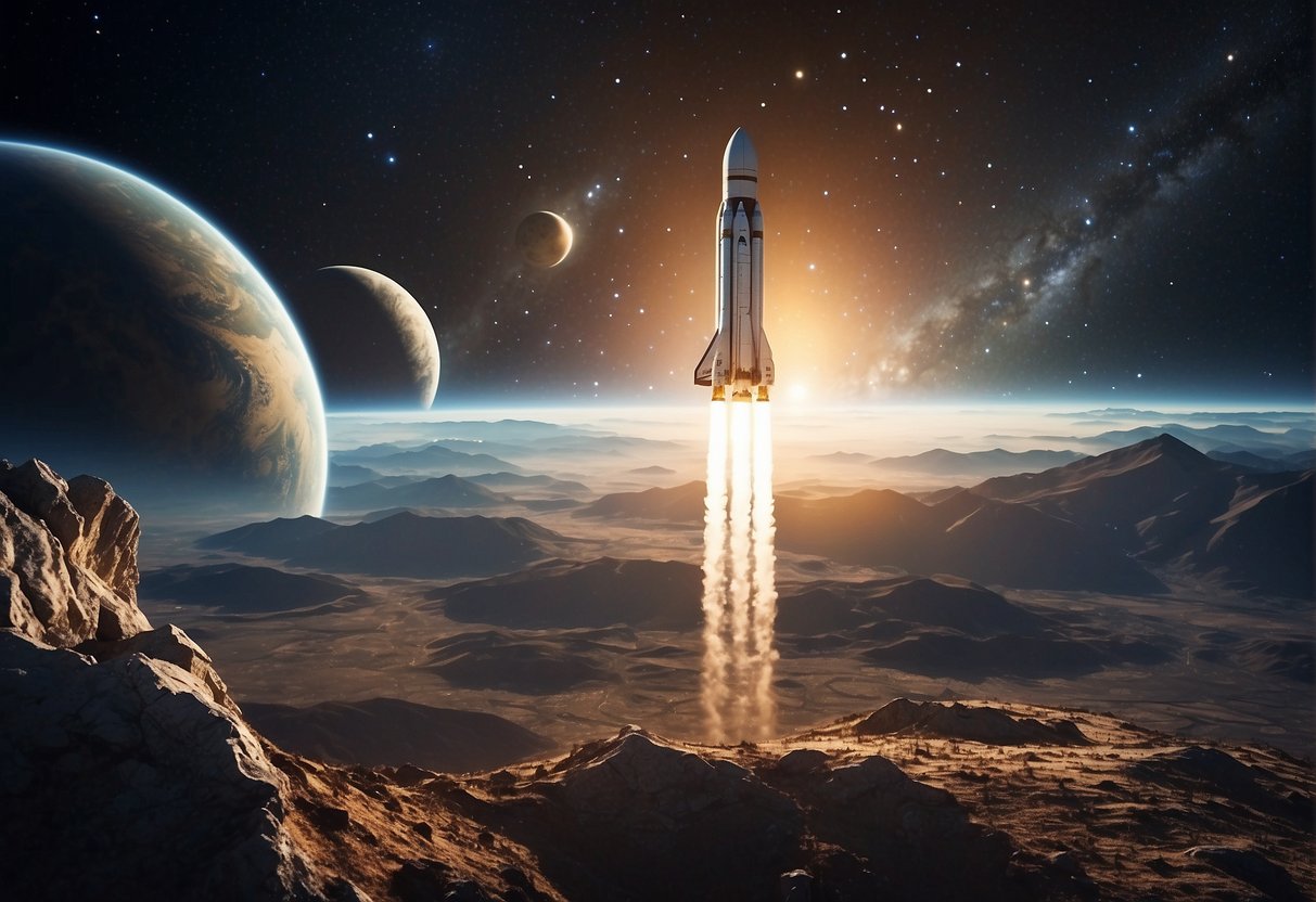 A rocket launches from Earth, soaring into the vastness of space, with stars and planets twinkling in the distance. The spacecraft is emblazoned with the words "Space Tourism: The Ultimate Guide to Becoming a Cosmic Traveller."