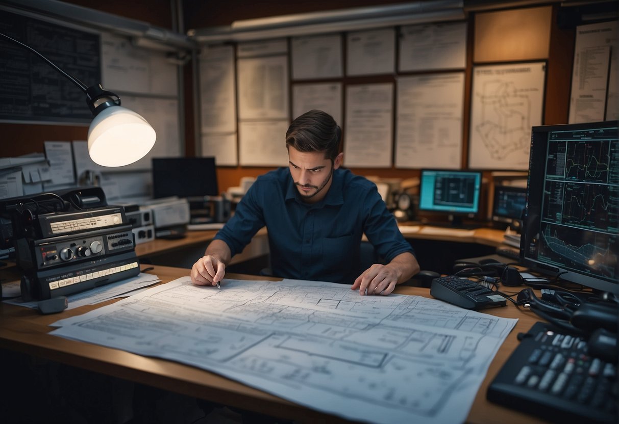 The Science Behind Spacecraft: An engineer studies blueprints at a cluttered desk, surrounded by technical manuals and computer screens displaying spacecraft schematics