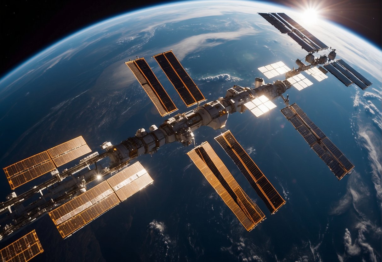 The International Space Station floats gracefully above Earth, its solar panels glistening in the sunlight. The intricate web of modules and trusses is a testament to human engineering in the harsh environment of space