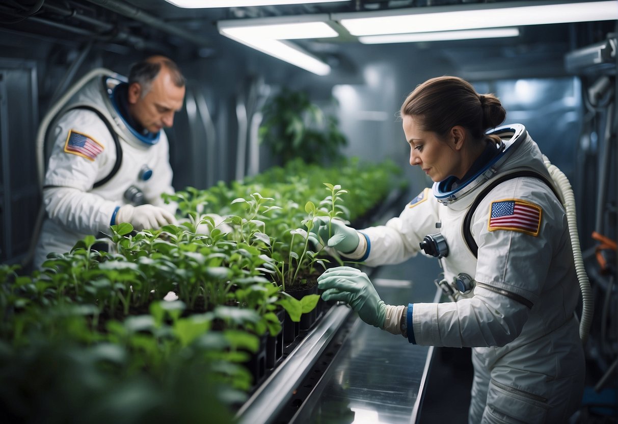 Astronauts tending to plants in the space station's hydroponic garden, surrounded by floating water droplets and scientific equipment