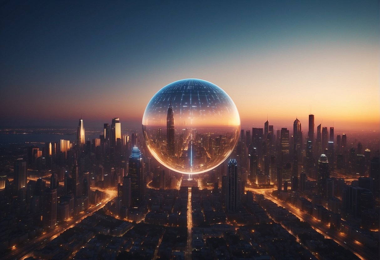 A glowing AI orb hovers above a futuristic city skyline at dusk