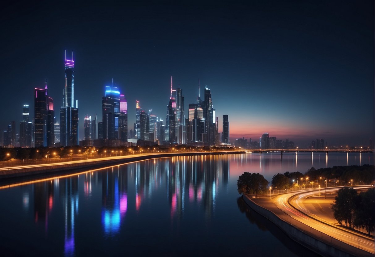 A futuristic city skyline with glowing neon lights and sleek, modern buildings, reflecting off of a calm body of water