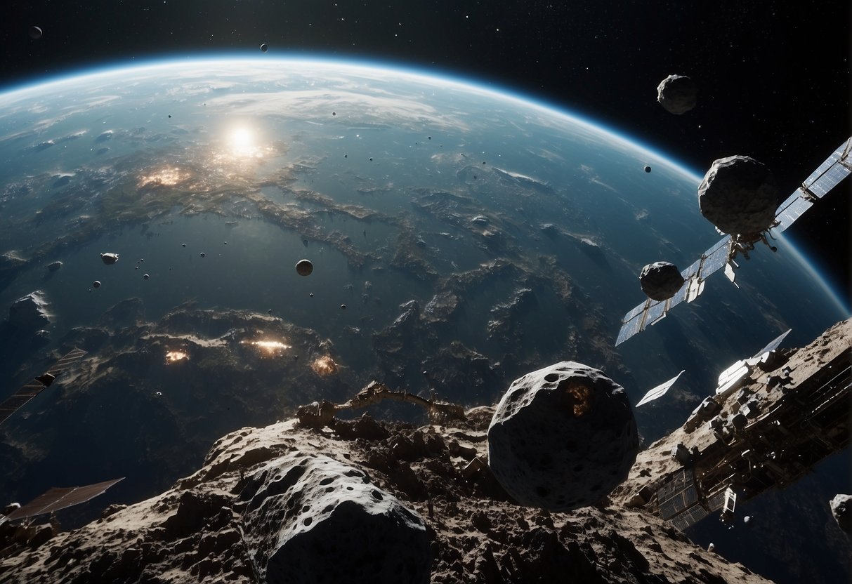 A cluttered expanse of orbiting debris poses a threat to future space missions. The dark skies are filled with scattered fragments and potential hazards